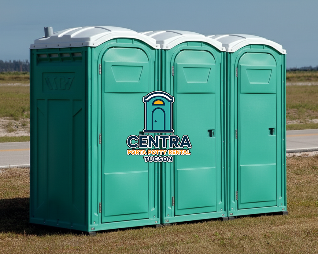 Multiple construction porta potties arranged at Tucson job site
